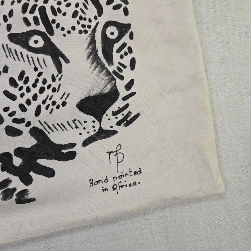 VTG Hand Painted African Wildlife Pillow Cover Ivory Black Lion Elephant Rhino S
